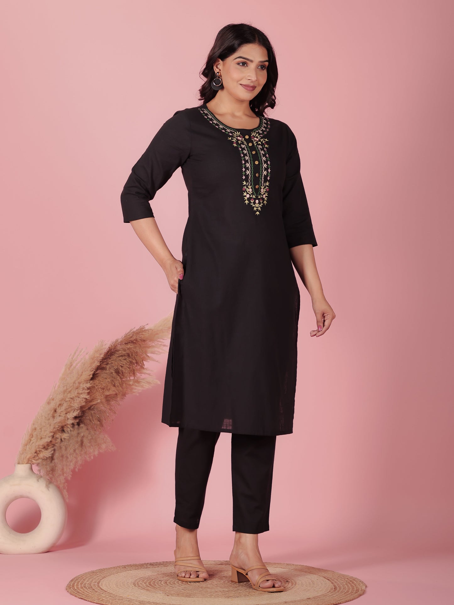 Natural Cotton Solid Straight Black Kurta