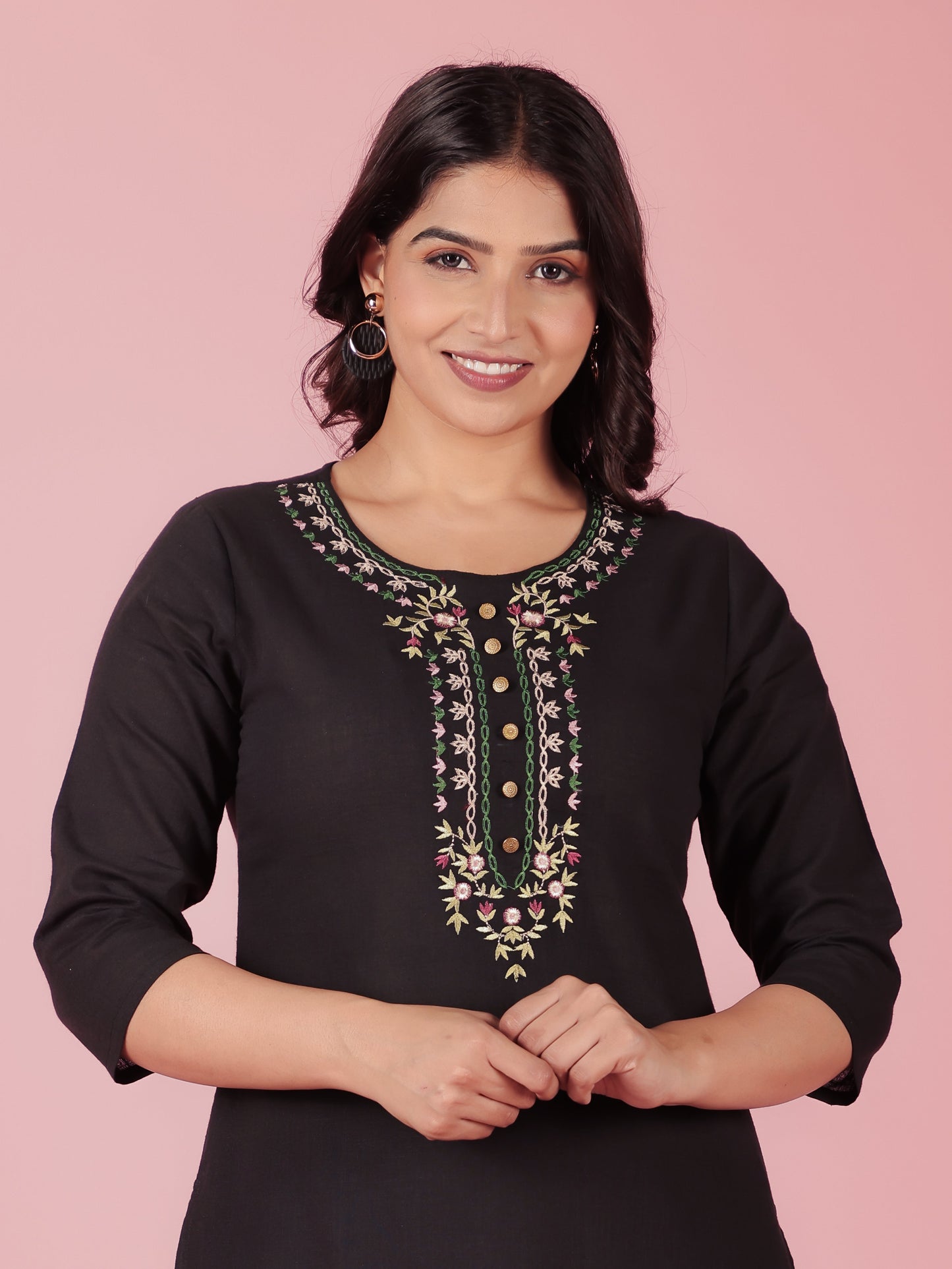 Natural Cotton Solid Straight Black Kurta