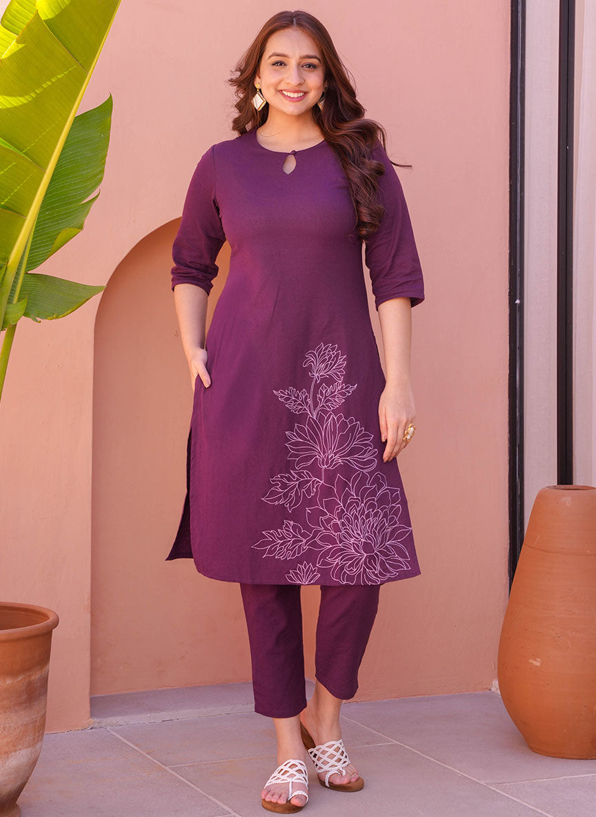 Embroidered Linen Cotton Solid Straight Purple Kurta