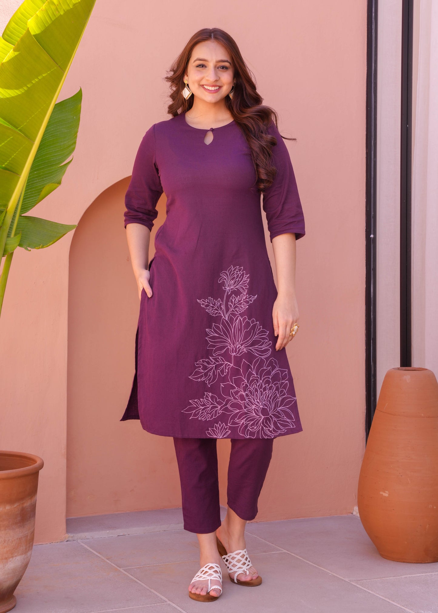 Embroidered Linen Cotton Solid Straight Purple Kurta