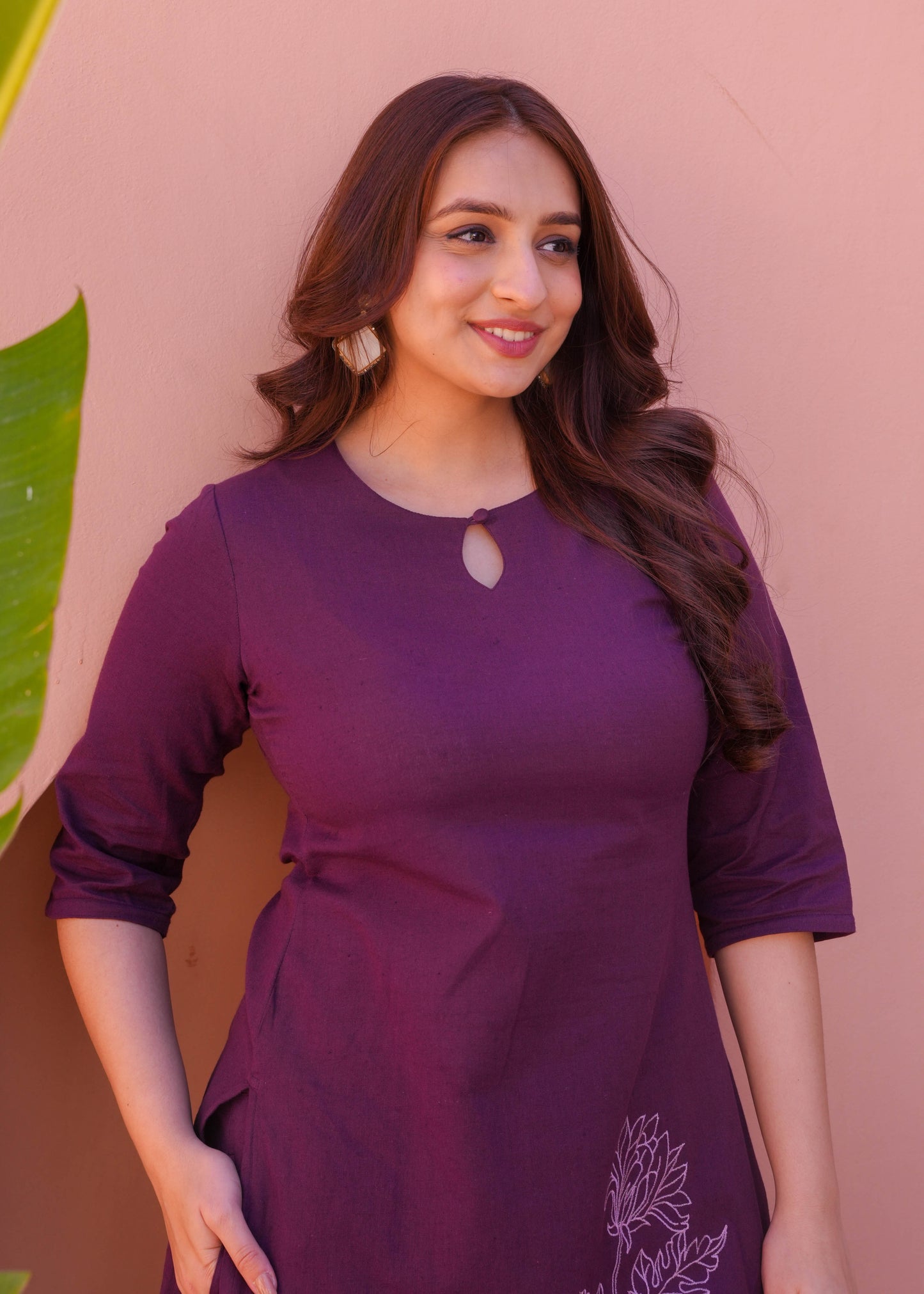 Embroidered Linen Cotton Solid Straight Purple Kurta
