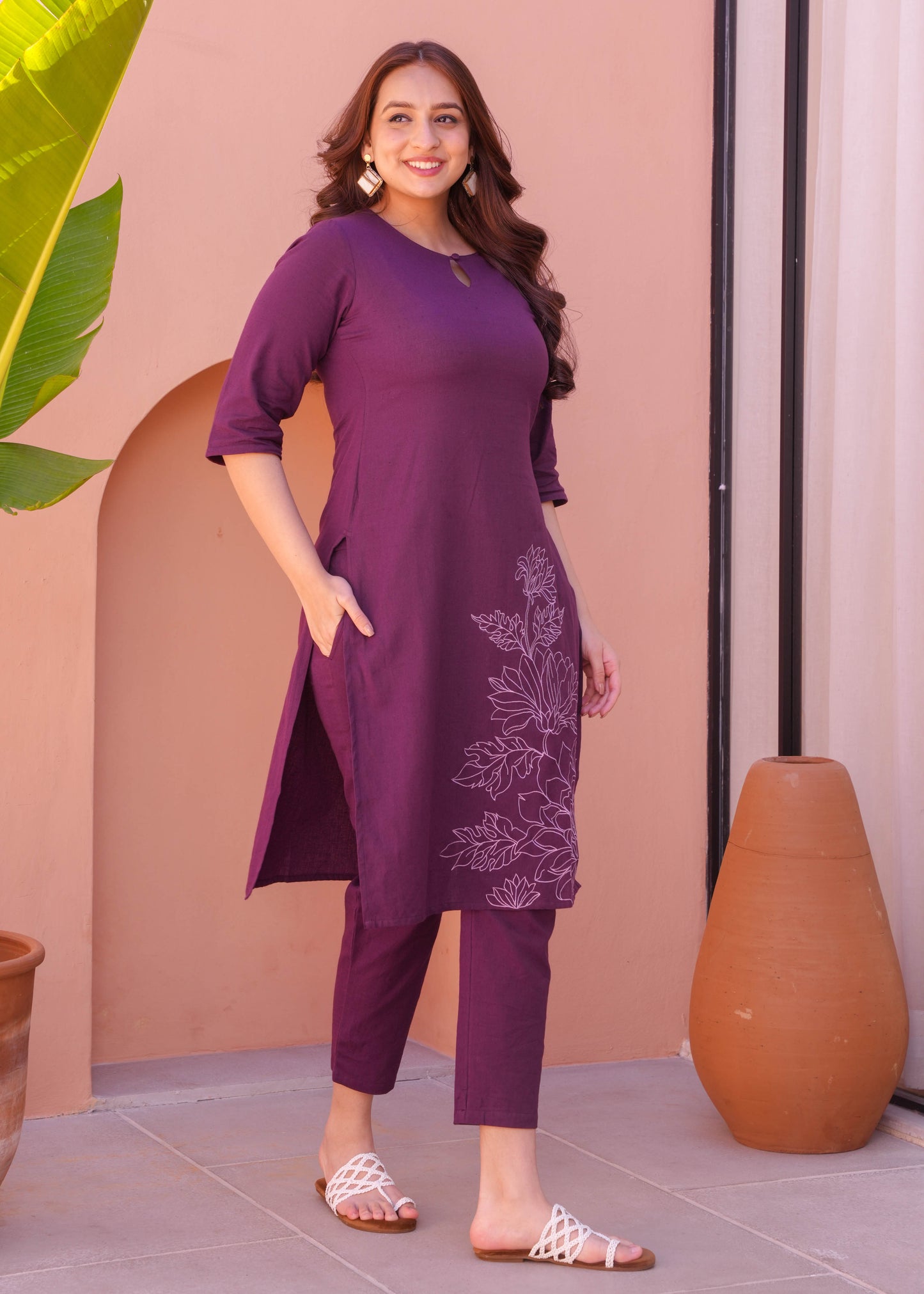 Embroidered Linen Cotton Solid Straight Purple Kurta