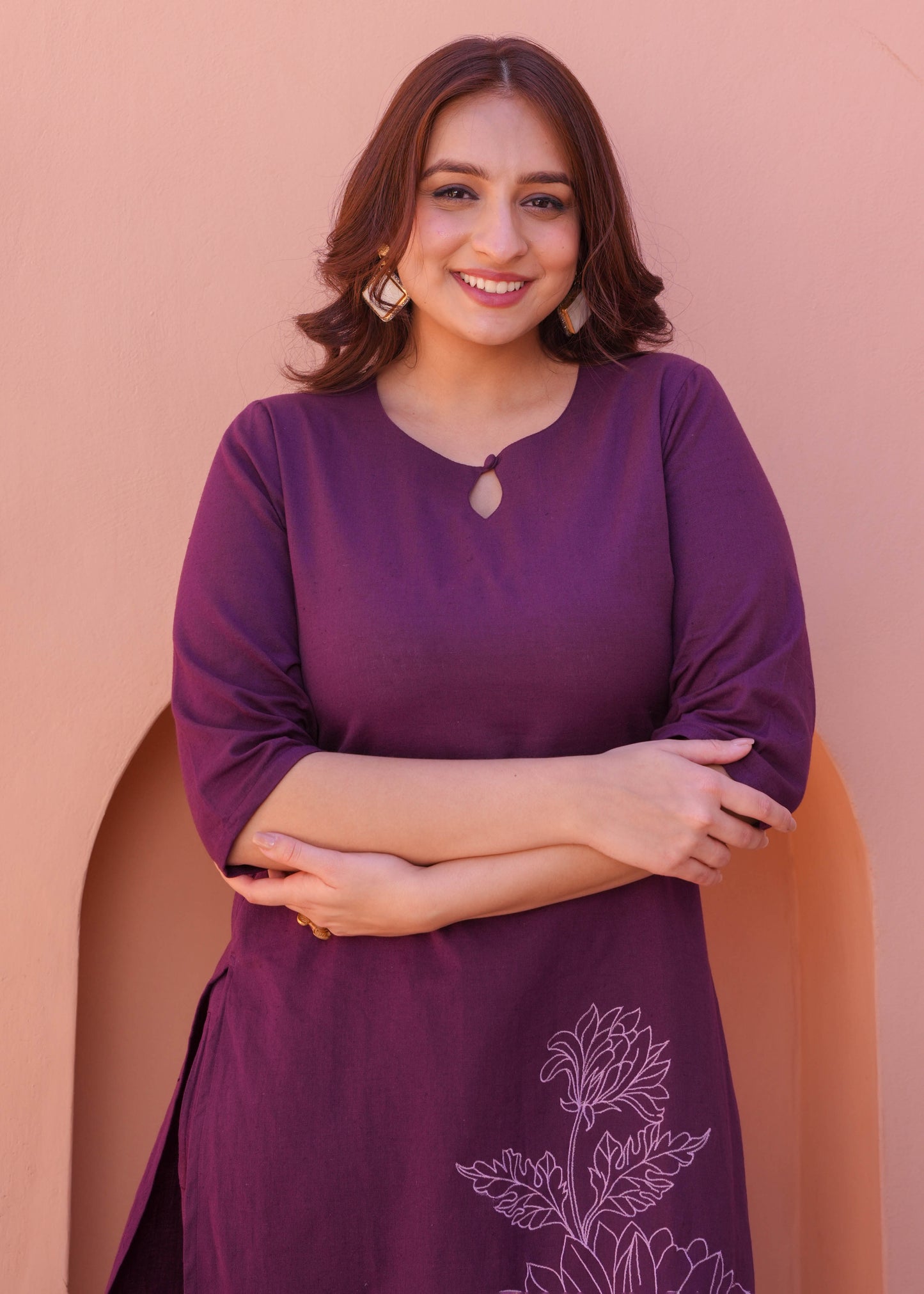 Embroidered Linen Cotton Solid Straight Purple Kurta