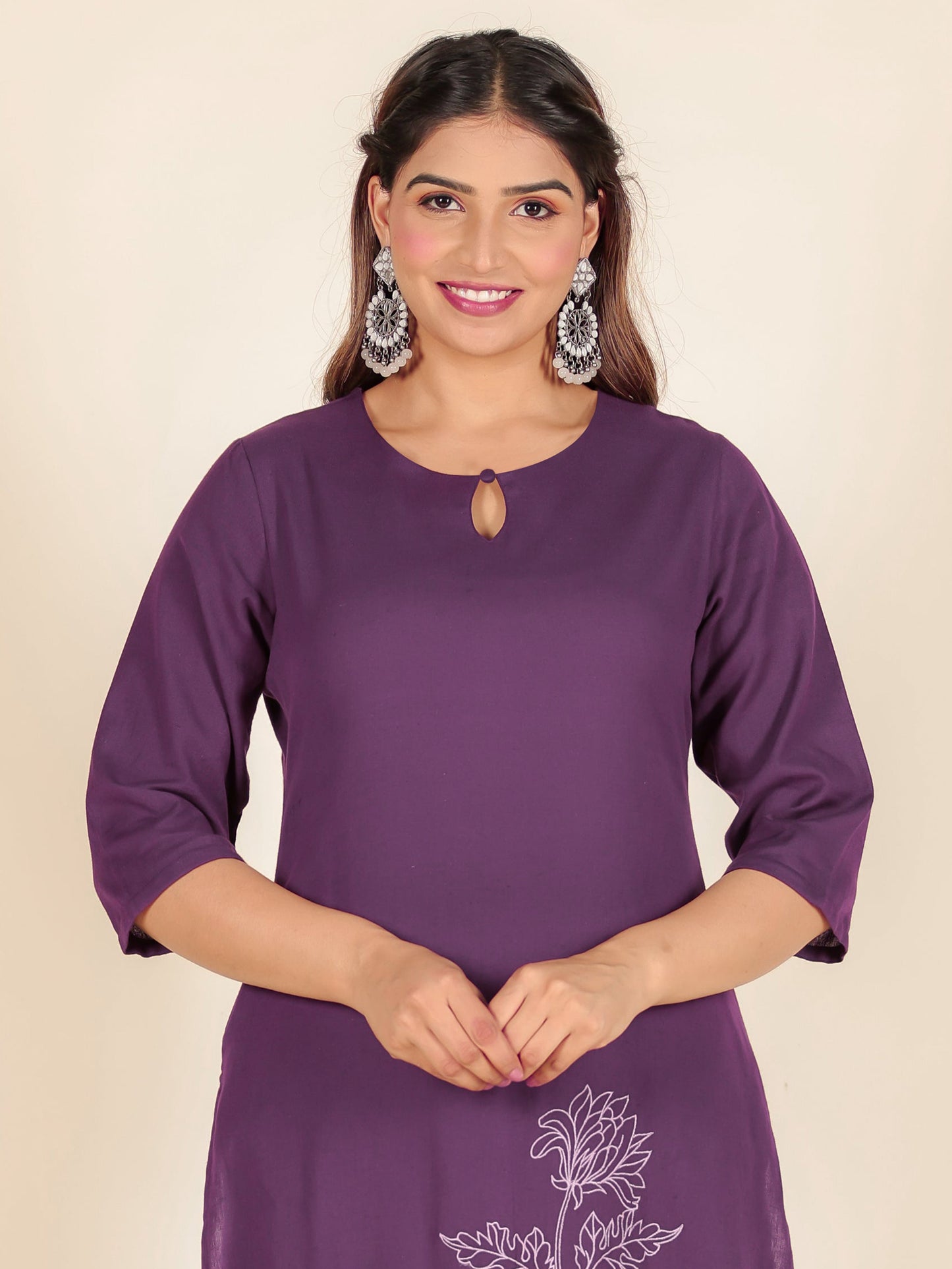 Linen Cotton Solid Straight Purple Kurta