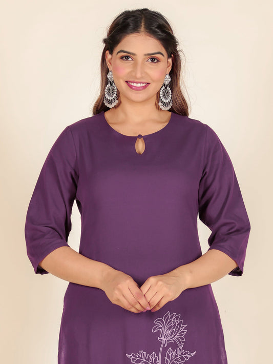 Linen Cotton Solid Straight Purple Kurta