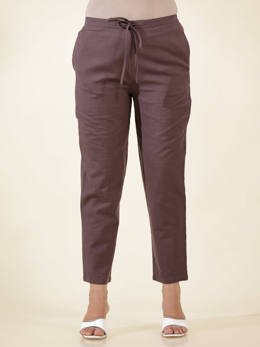 Linen Cotton Solid Brown Tapered Trousers