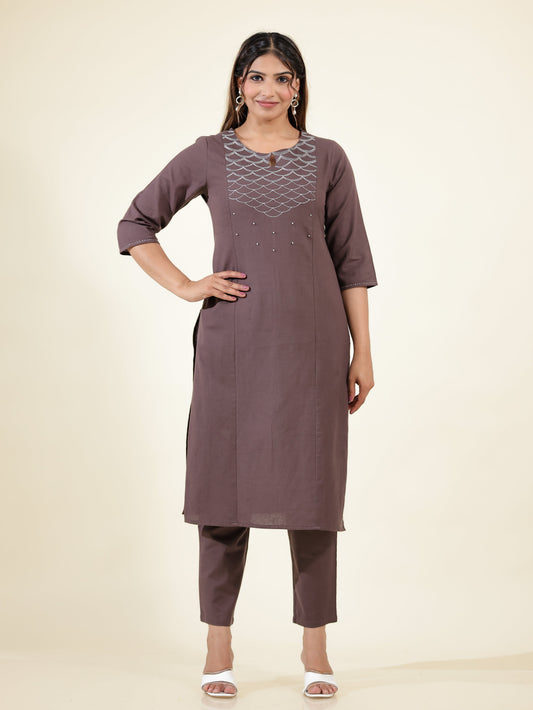 Linen Cotton Solid Panelled Brown Kurta