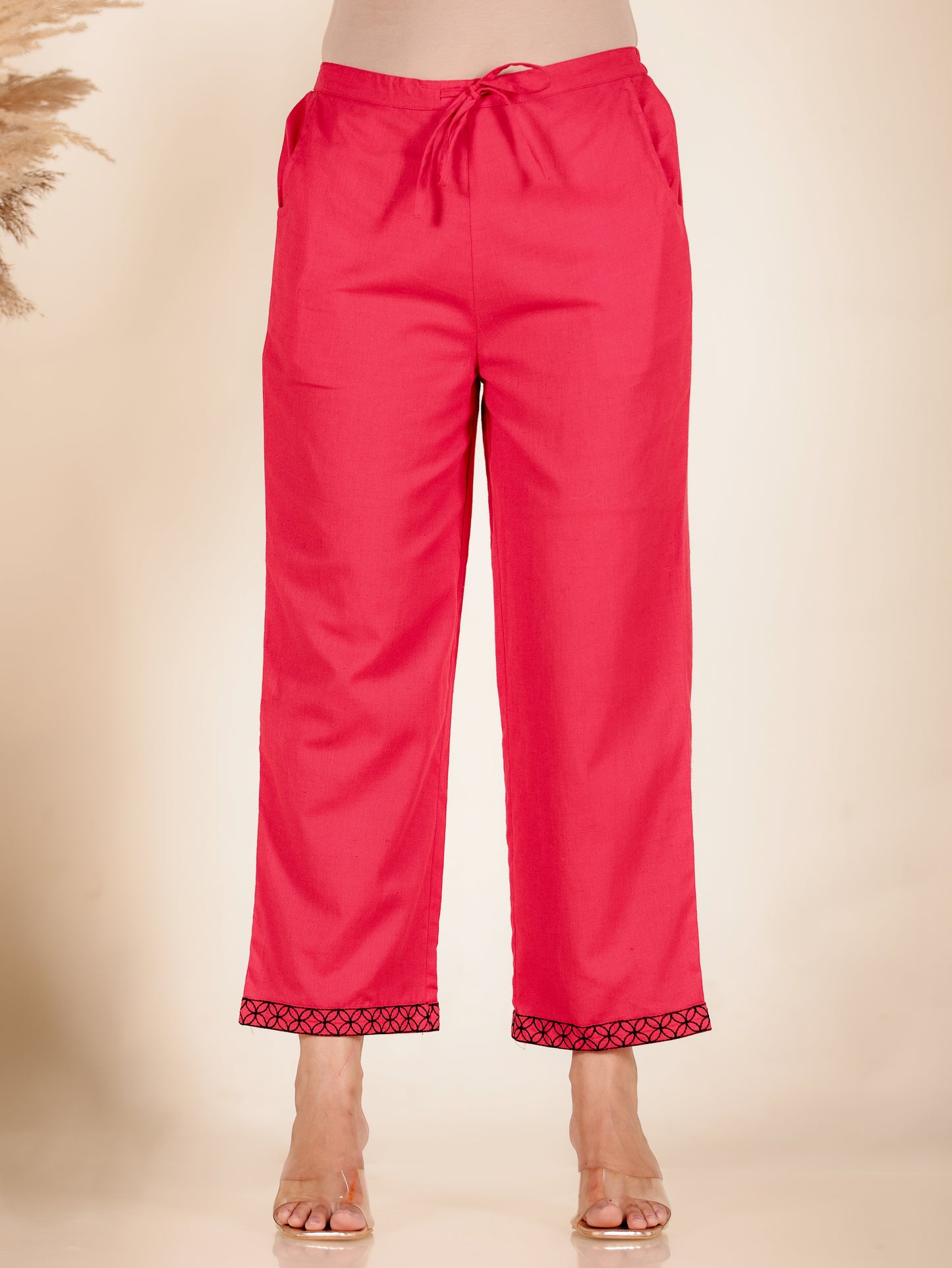 Linen Cotton Solid Red Straight Trousers
