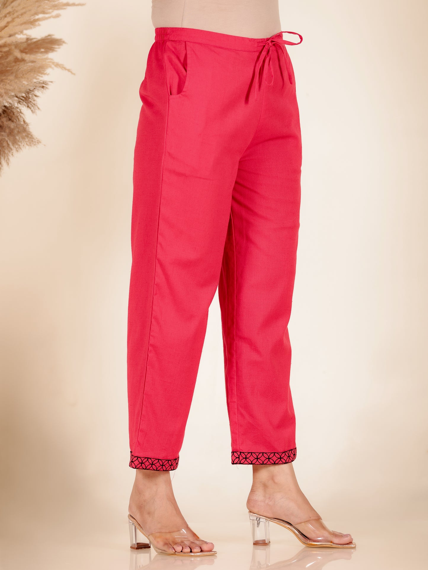 Linen Cotton Solid Red Straight Trousers