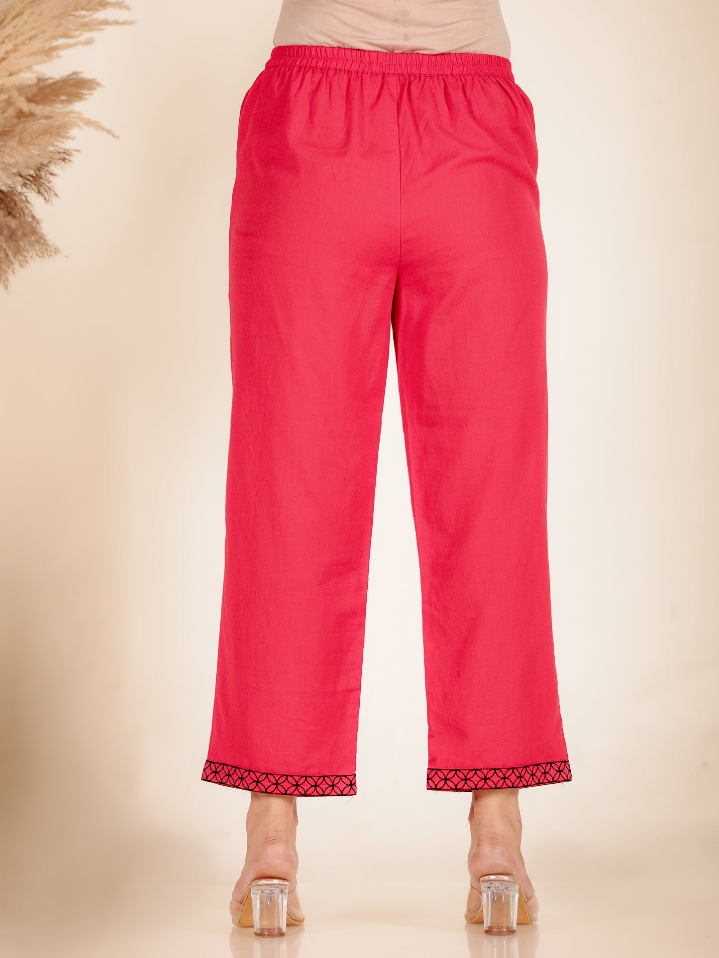 Linen Cotton Solid Red Straight Trousers