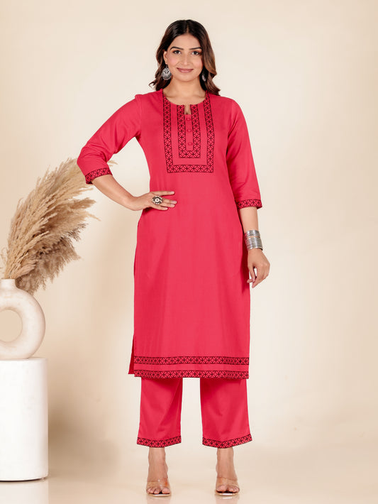 Linen Cotton Solid Straight Red Kurta