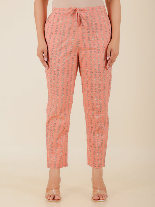 Soft Cotton Abstract Peach Tapered Trousers