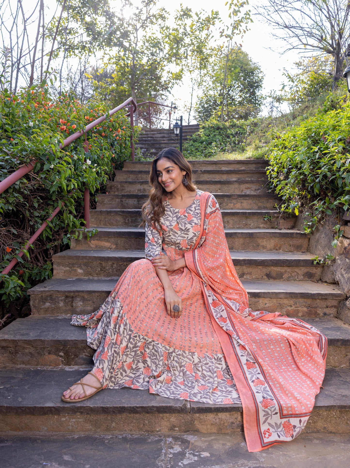 Soft Cotton Floral Anarkali Peach Kurta