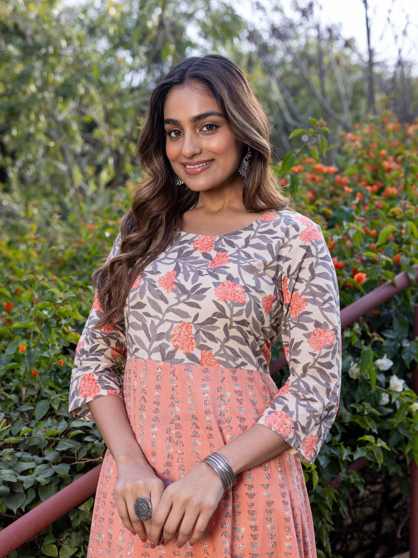 Soft Cotton Floral Anarkali Peach Kurta