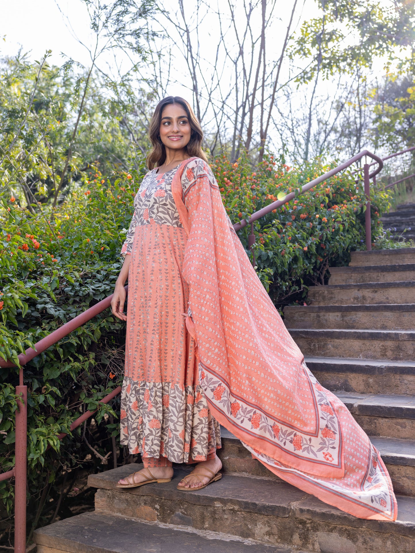 Soft Cotton Floral Anarkali Peach Kurta