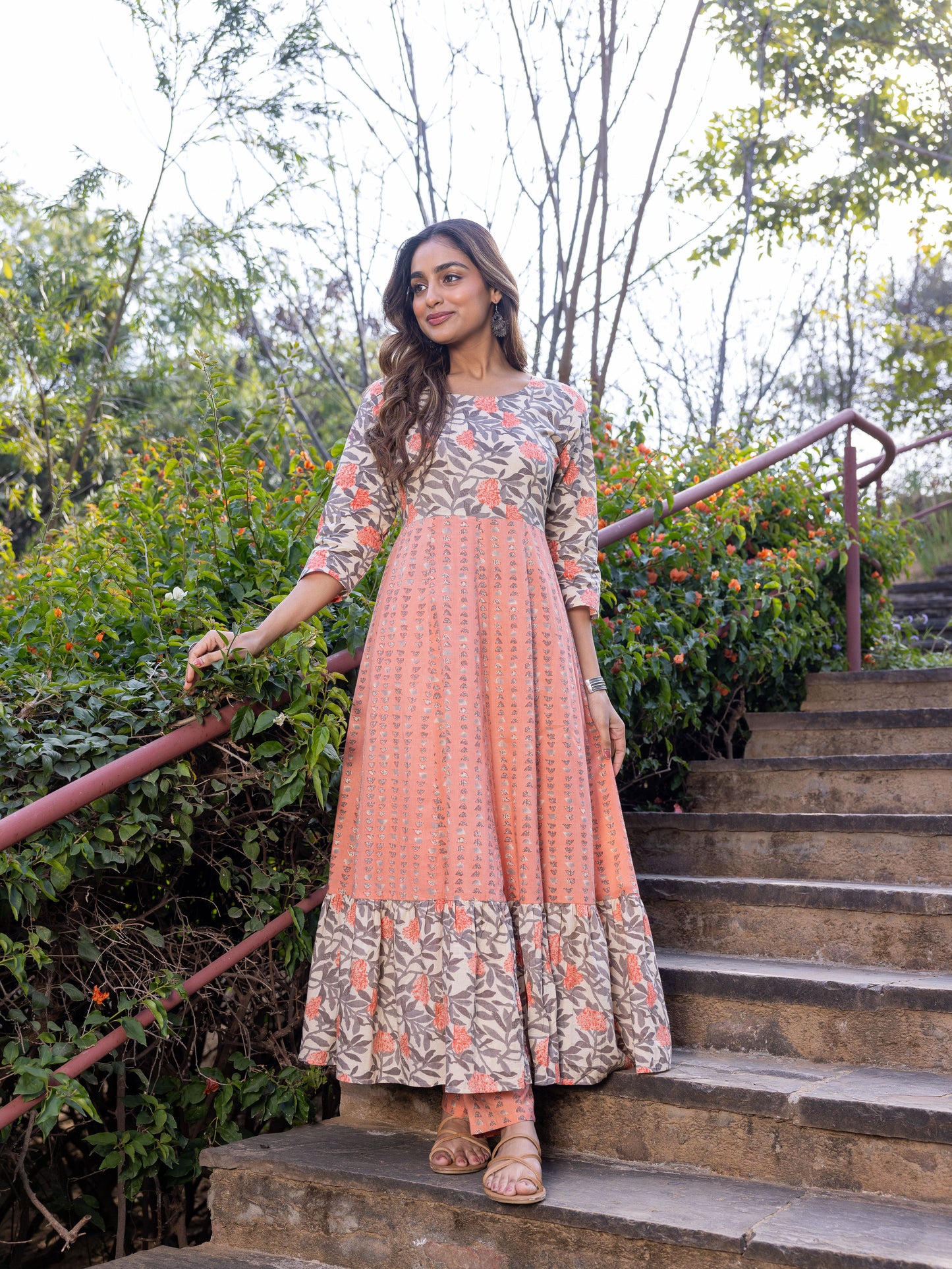 Soft Cotton Floral Anarkali Peach Kurta