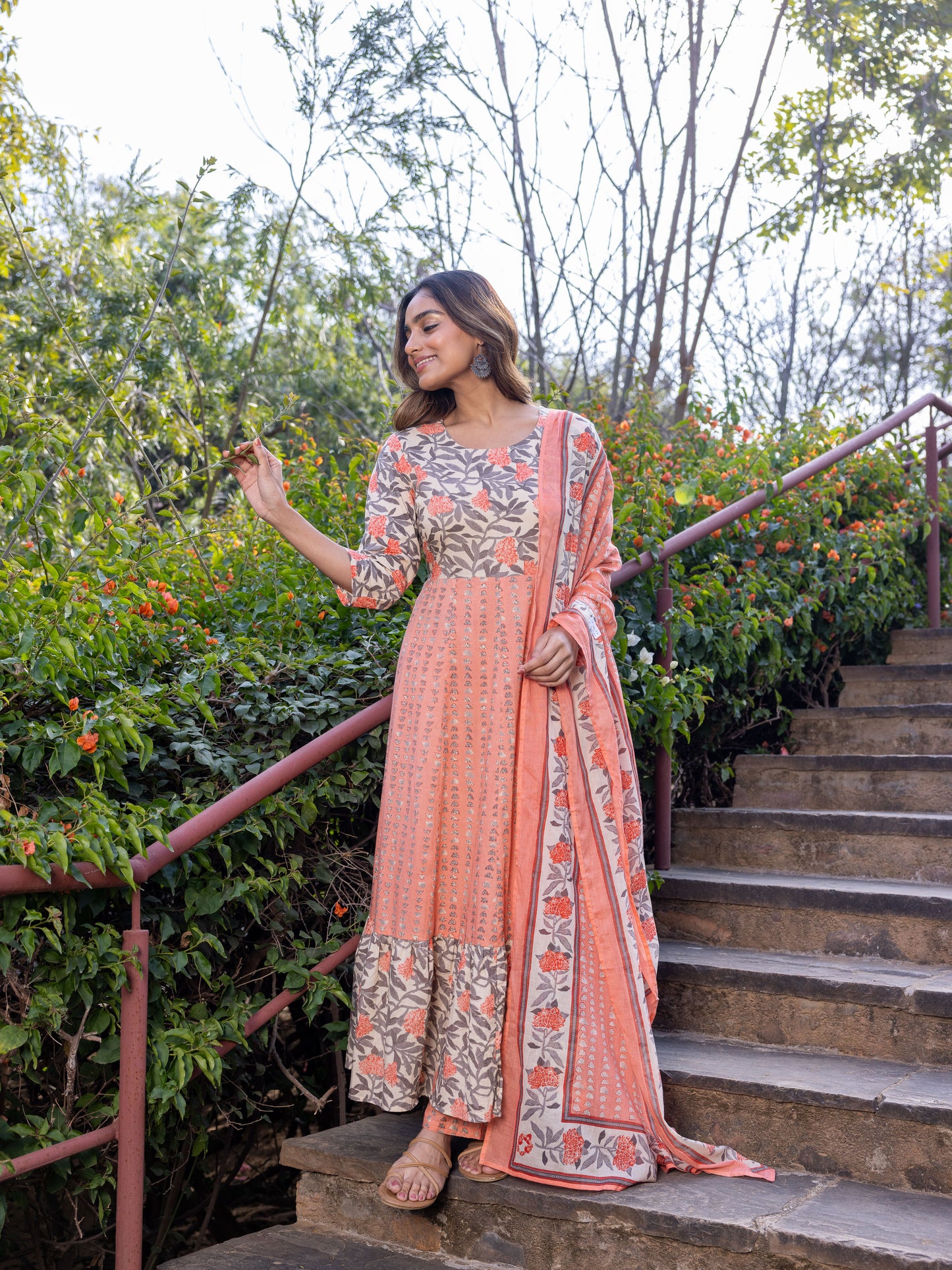 Soft Cotton Floral Anarkali Peach Kurta