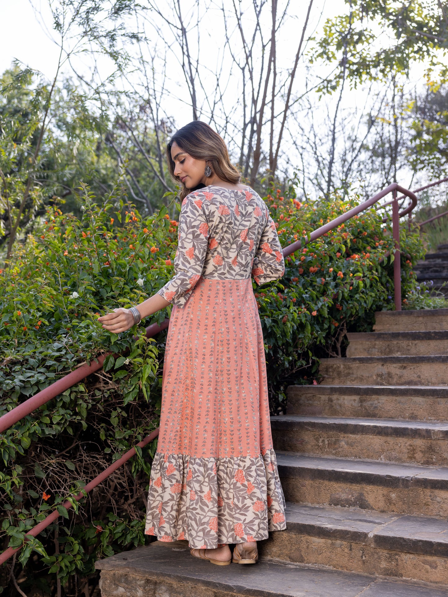Soft Cotton Floral Anarkali Peach Kurta