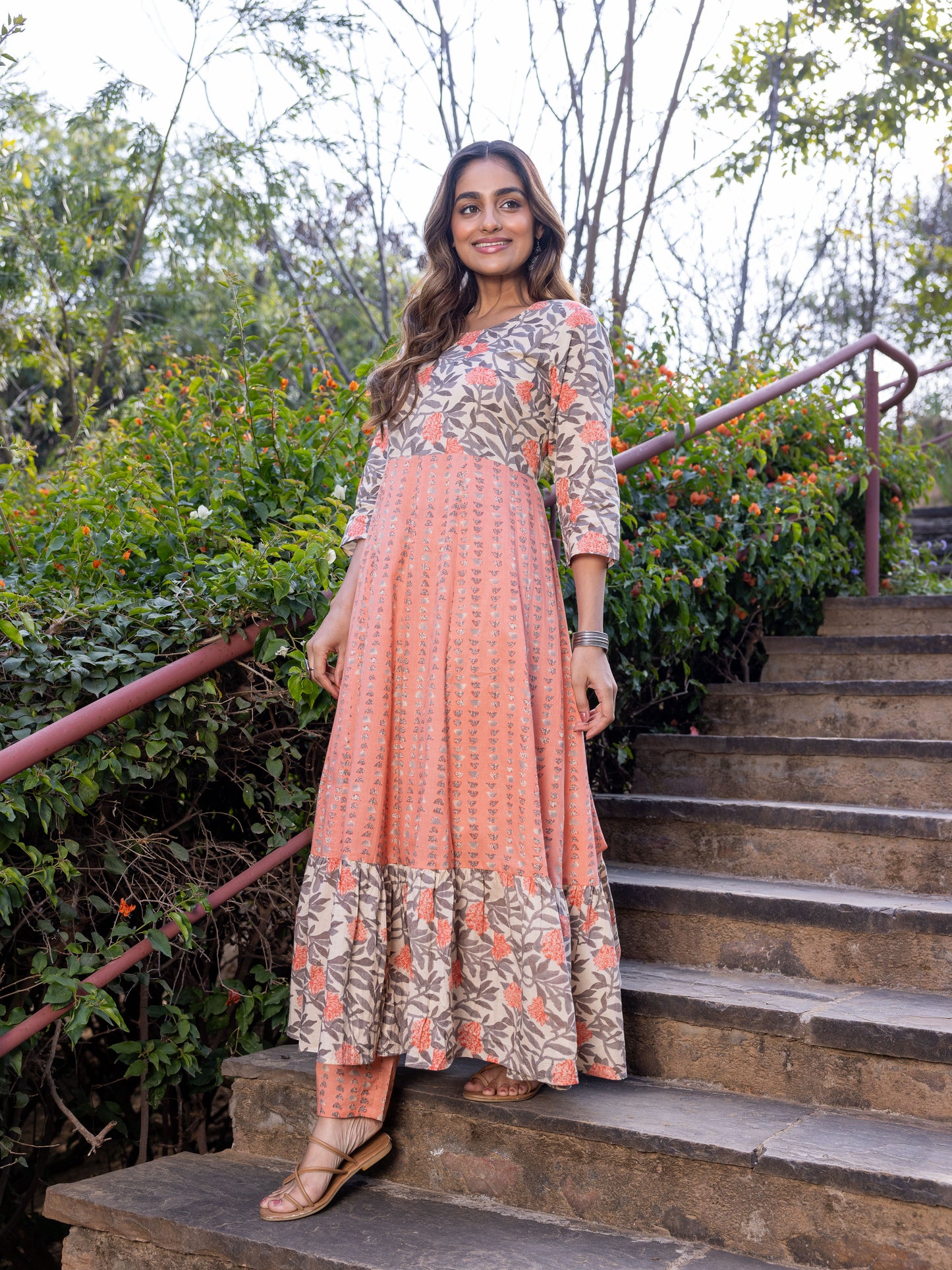Soft Cotton Floral Anarkali Peach Kurta