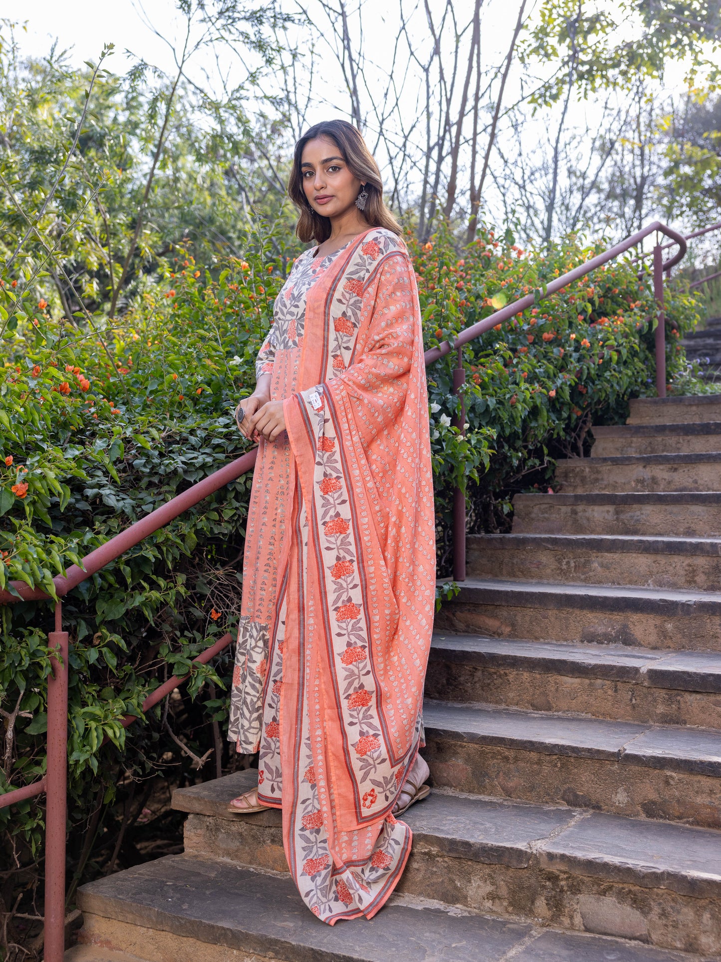 Soft Cotton Floral Anarkali Peach Kurta
