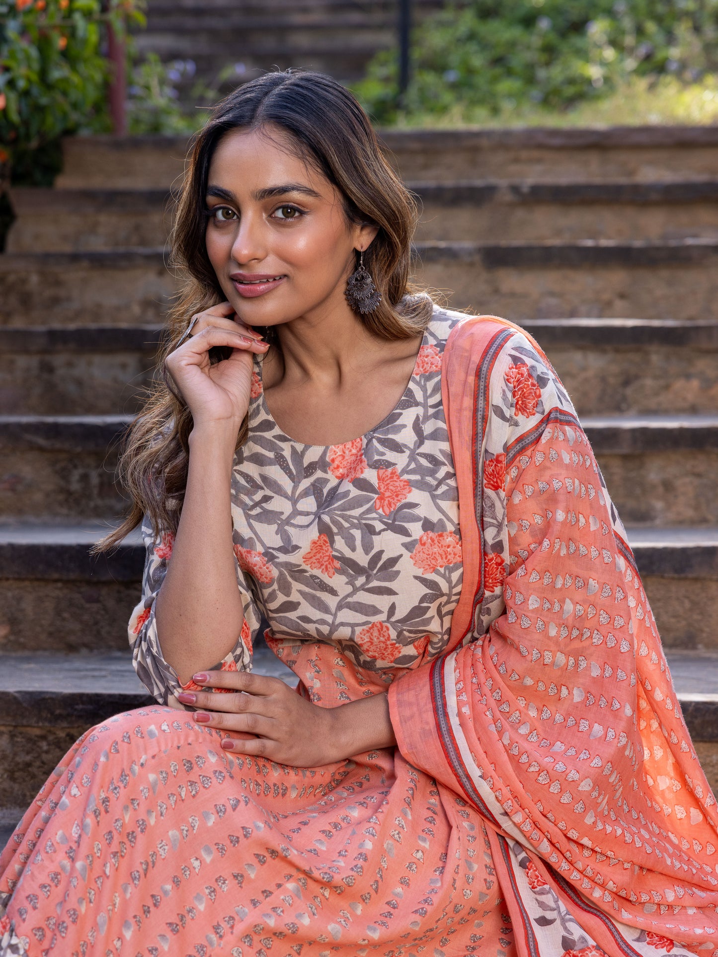 Soft Cotton Floral Anarkali Peach Kurta