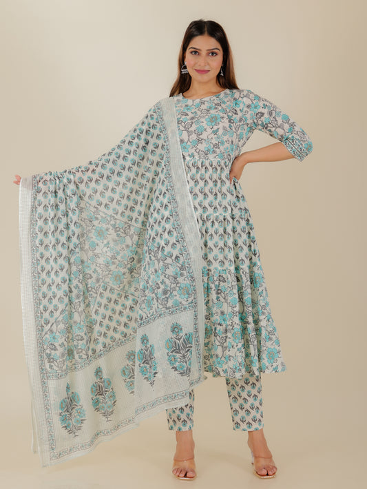 Soft Cotton Floral Anarkali Blue Kurta