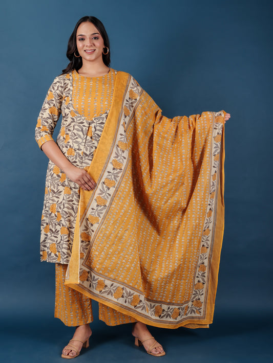 Soft Cotton Floral A-line Yellow Kurta