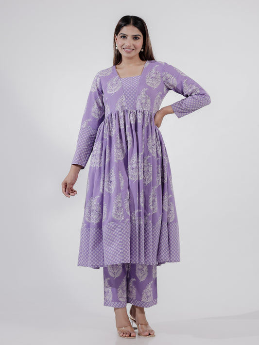 Soft Cotton Floral Anarkali Purple Kurta