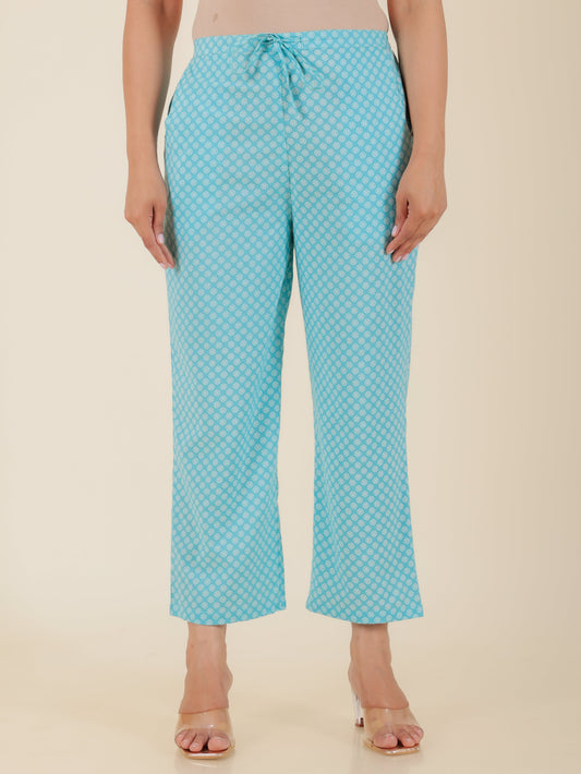 Soft Cotton Geometric Blue Straight Trousers