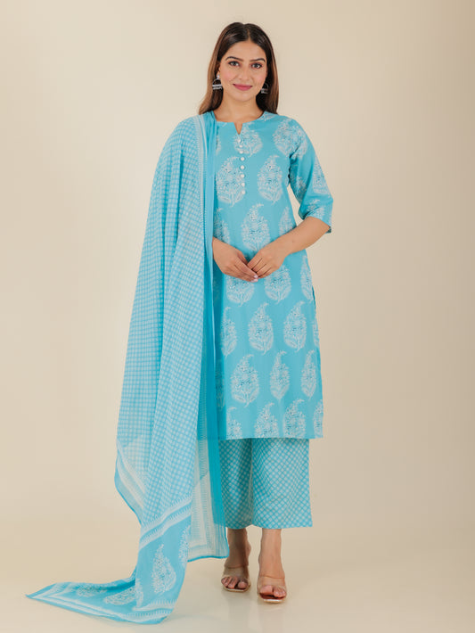 Soft Cotton Floral Straight Blue Kurta