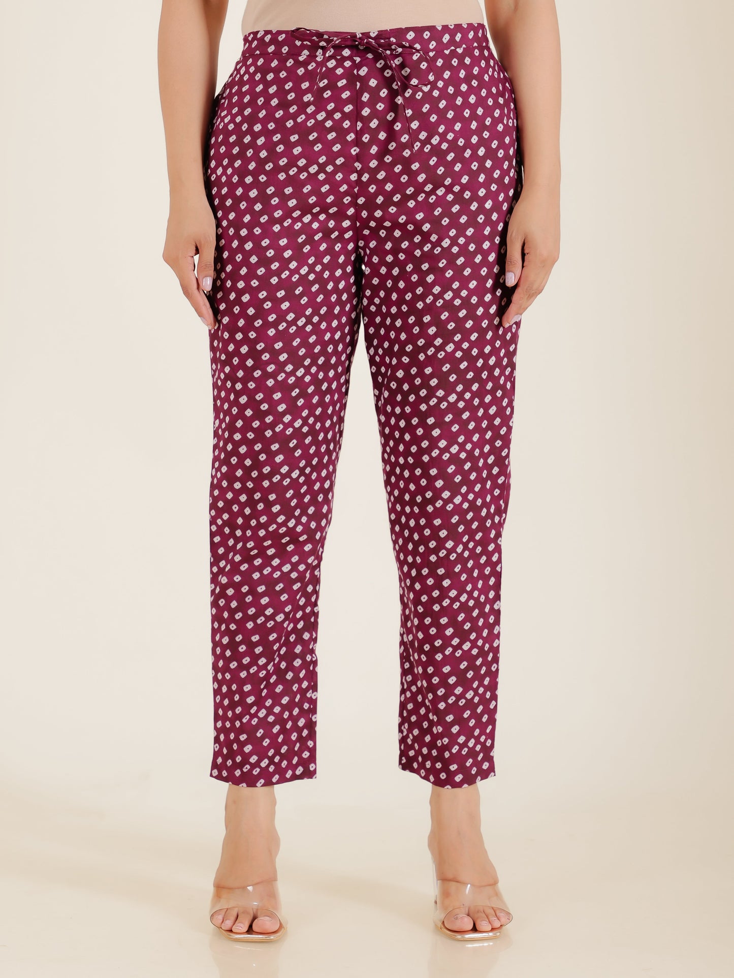 Soft Cotton Bandhani Purple Tapered Tapered Trousers