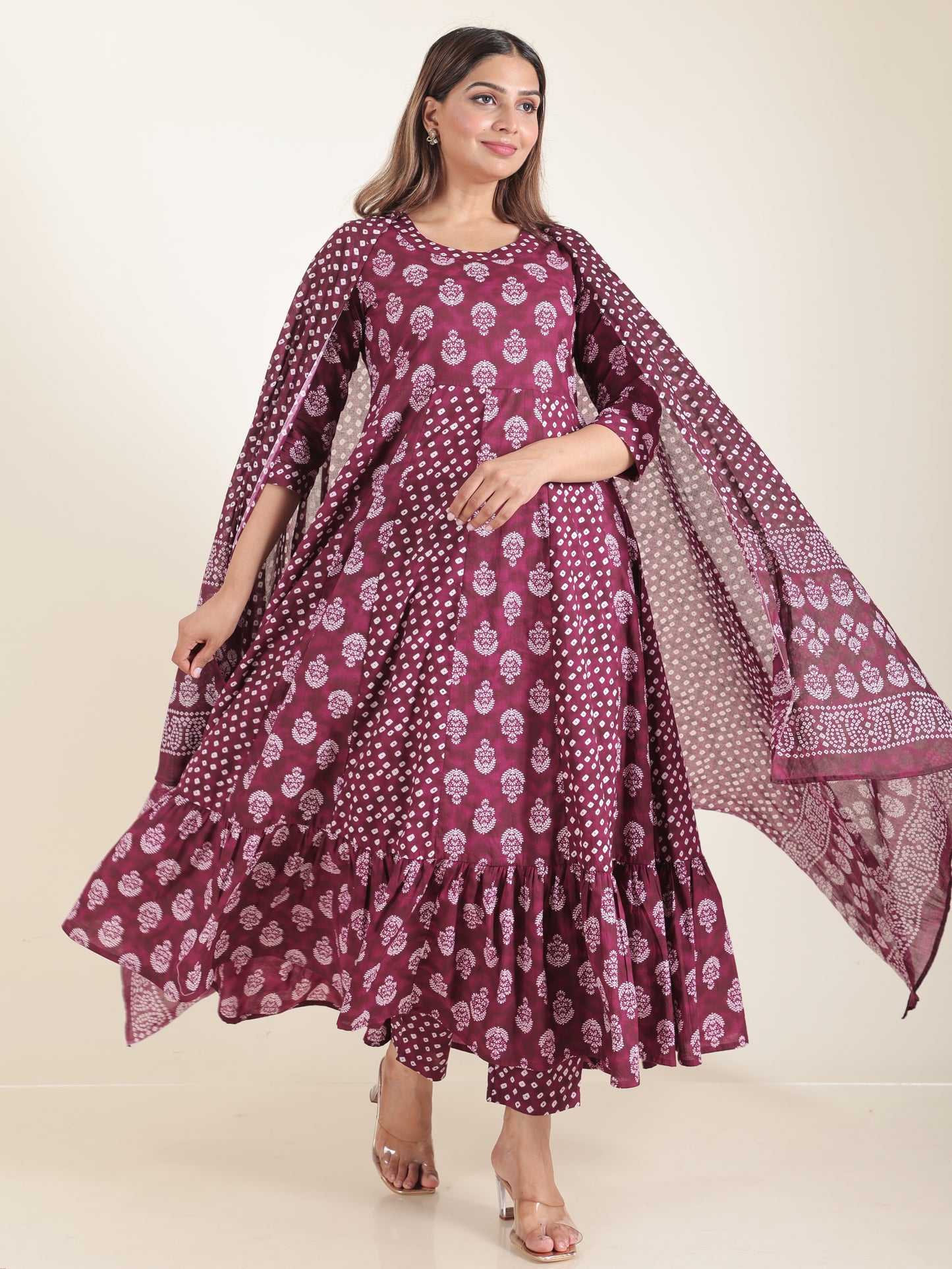 Soft Cotton Floral Anarkali Purple Kurta