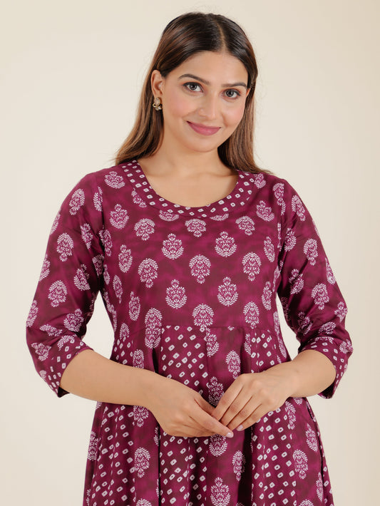 Soft Cotton Floral Anarkali Purple Kurta