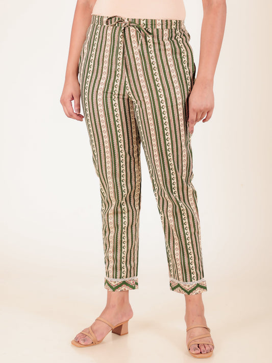 Soft Cotton Striped Green Tapered Trousers