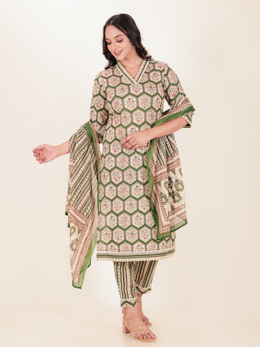 Soft Cotton Geometric Straight Green Kurta
