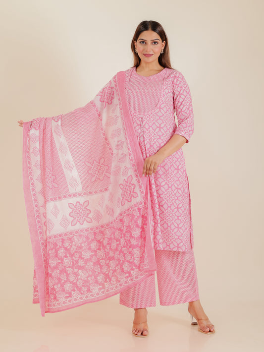 Soft Cotton Geometric A-line Pink Kurta