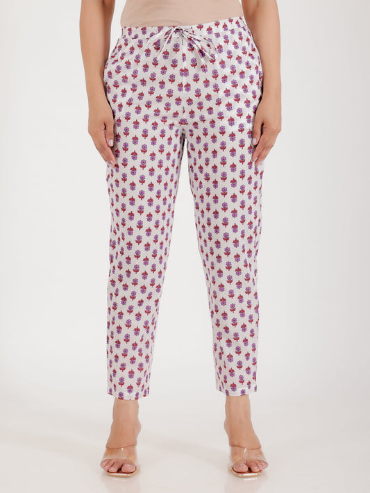 Soft Cotton Floral White Tapered Trousers