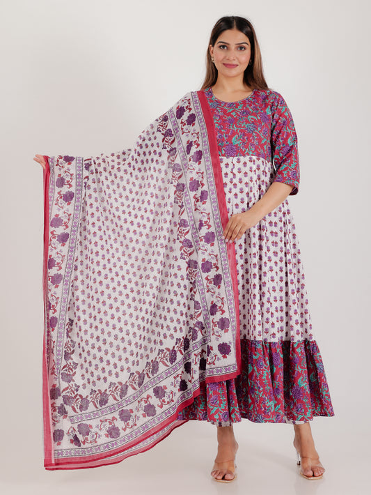 Soft Cotton Floral Anarkali Maroon Kurta