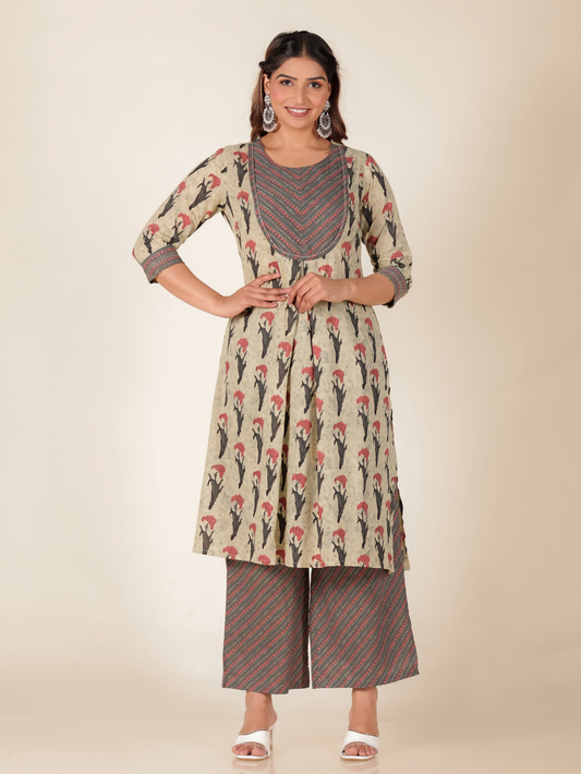 Soft Cotton Floral A-line Grey Kurta