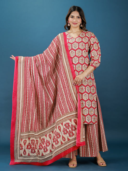 Soft Cotton Geometric Straight Red Kurta