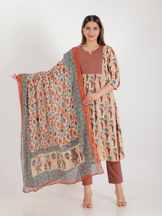 Soft Cotton Floral Panelled Brown Kurta