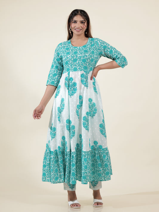 Soft Cotton Floral Anarkali Green Kurta