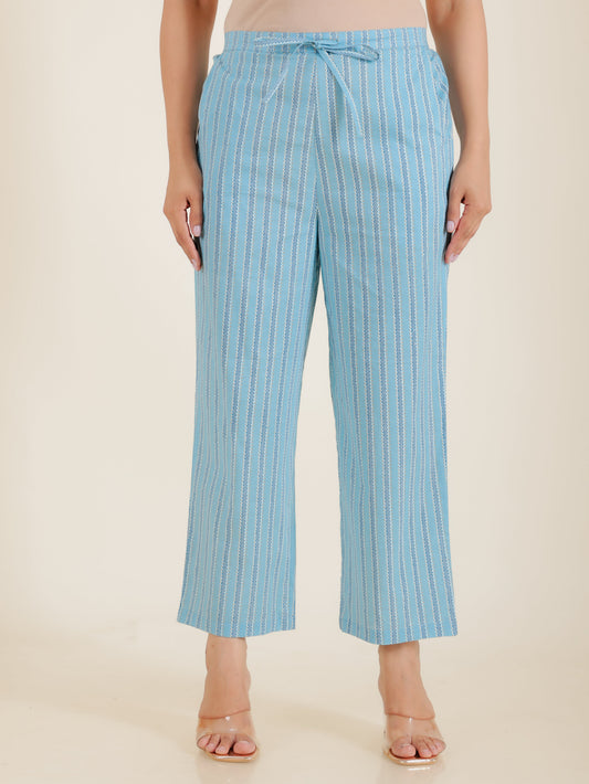 Soft Cotton Striped Blue Straight Trousers