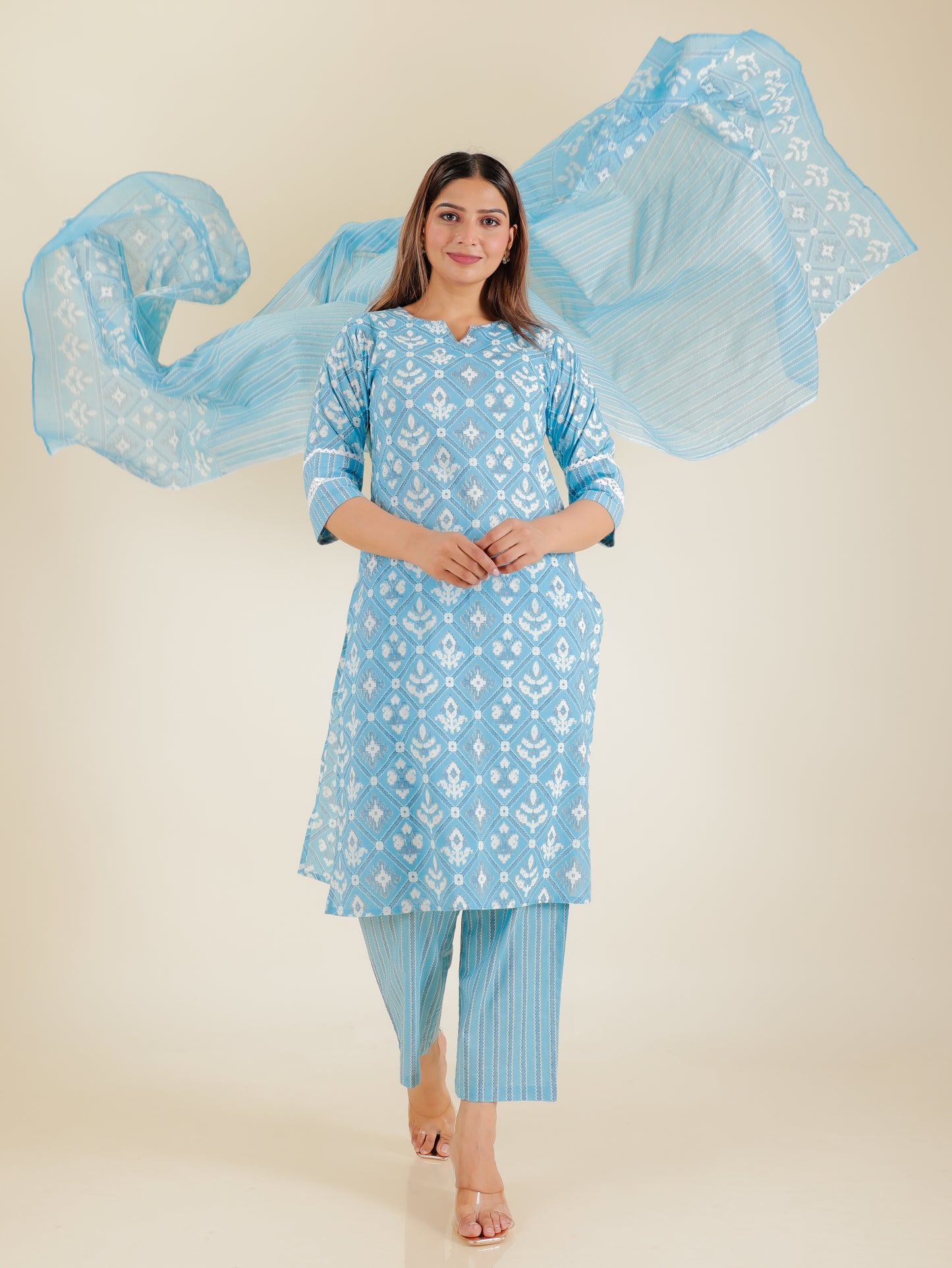 Soft Cotton Ikat Straight Blue Kurta