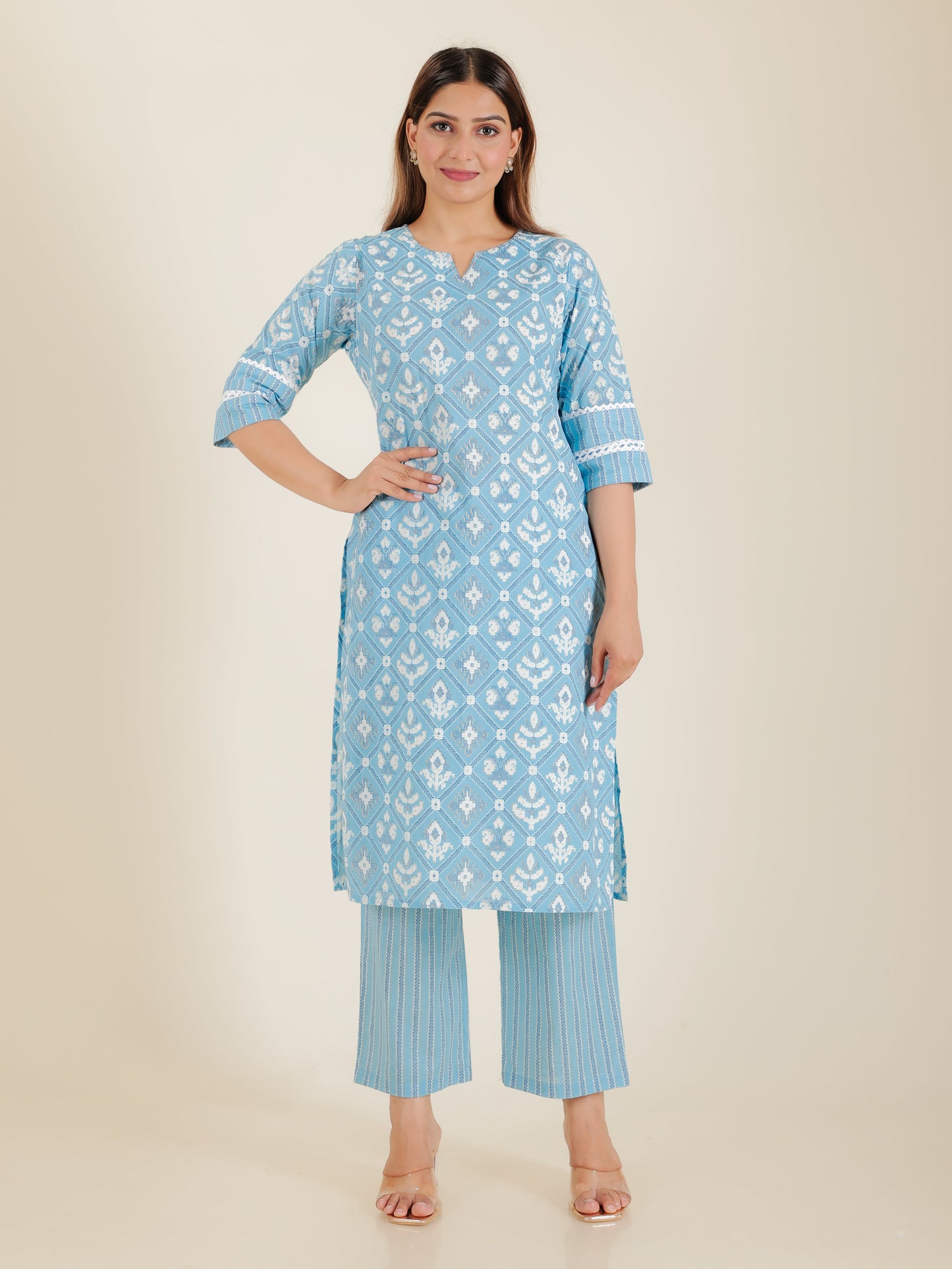 Soft Cotton Ikat Straight Blue Kurta
