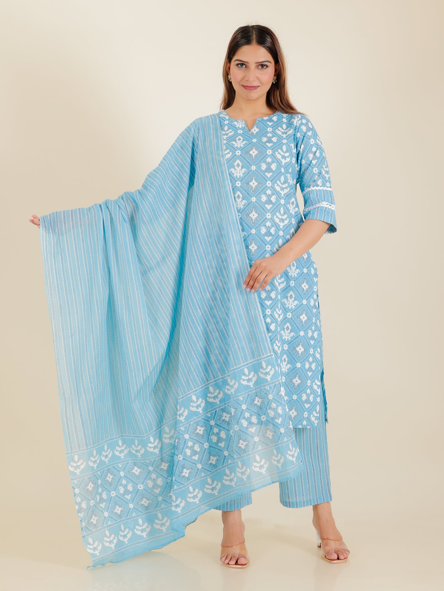 Soft Cotton Ikat Straight Blue Kurta