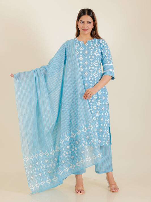 Soft Cotton Ikat Straight Blue Kurta