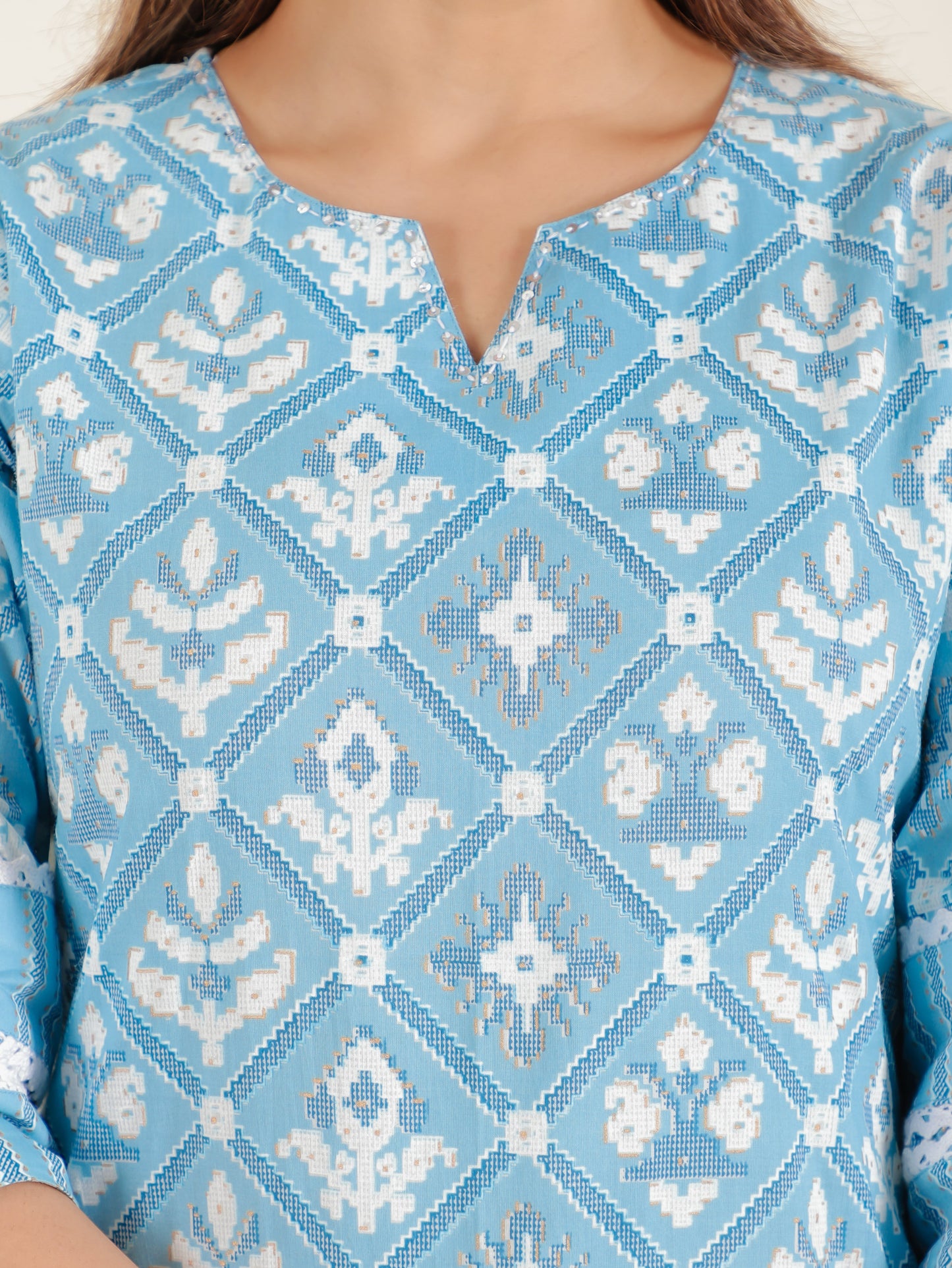 Soft Cotton Ikat Straight Blue Kurta
