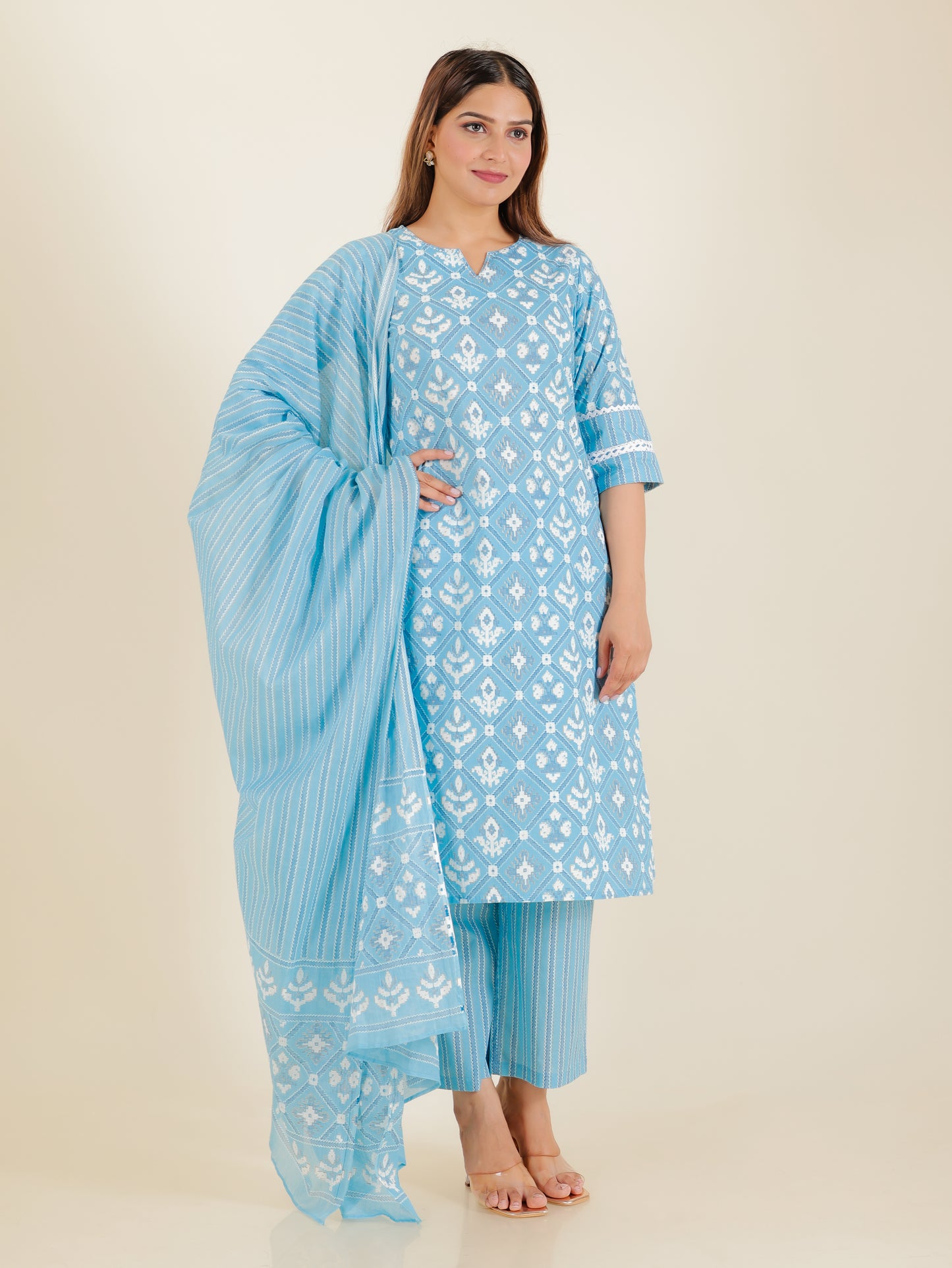 Soft Cotton Ikat Straight Blue Kurta