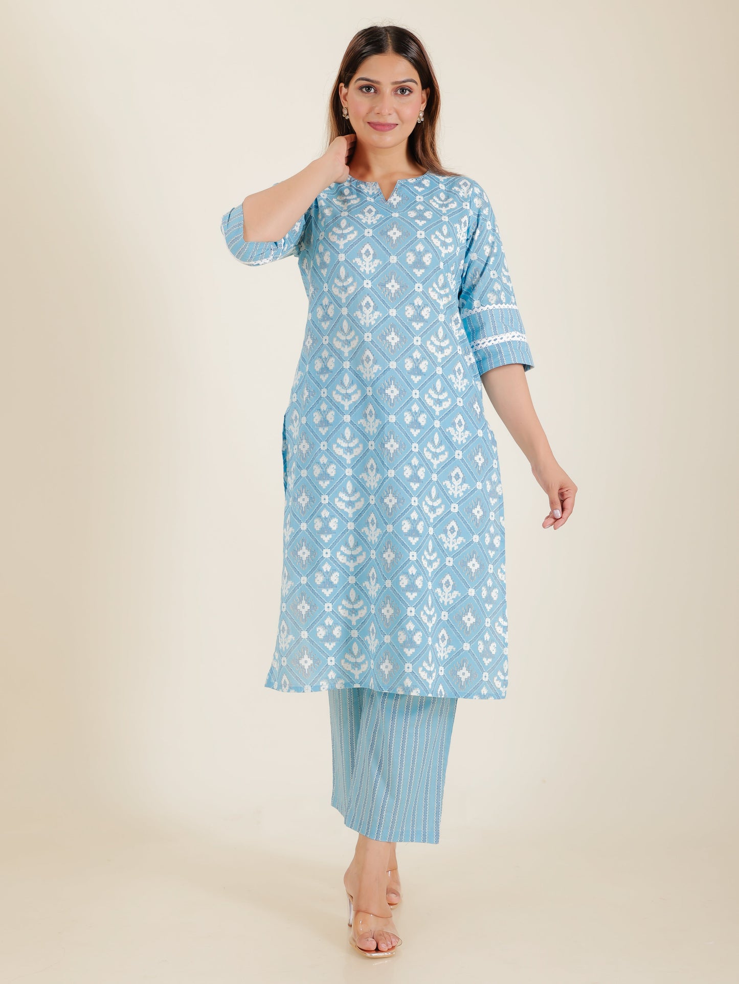 Soft Cotton Ikat Straight Blue Kurta